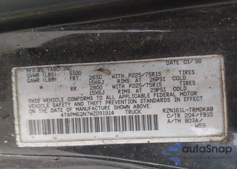 1998 Toyota Tacoma from USA, damaged, VIN 4TAPM62N7WZ091914